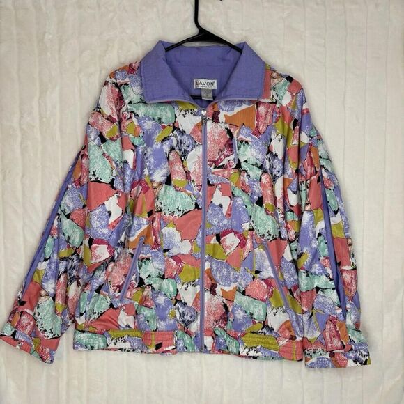 VTG 90's Retro Lavon Cheerful Corp Pastel Abstract Full Zip Windbreaker Jacket M - Picture 1 of 4